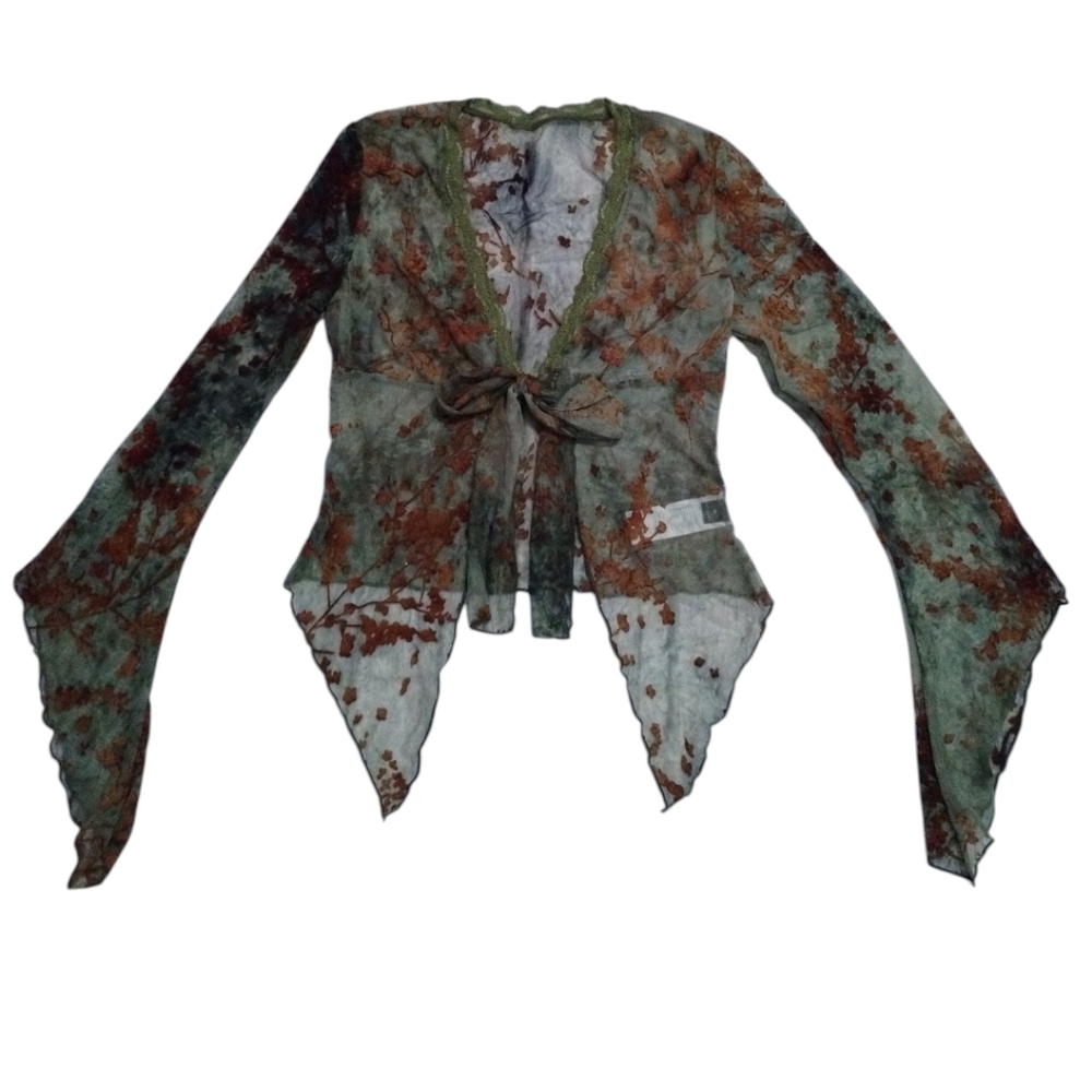 Sheer Green Floral Tie-Front Blouse